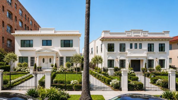 A sunny street with a white gated home, manicured garden, palm tree, and parked cars in front of brick and stucco buildings.